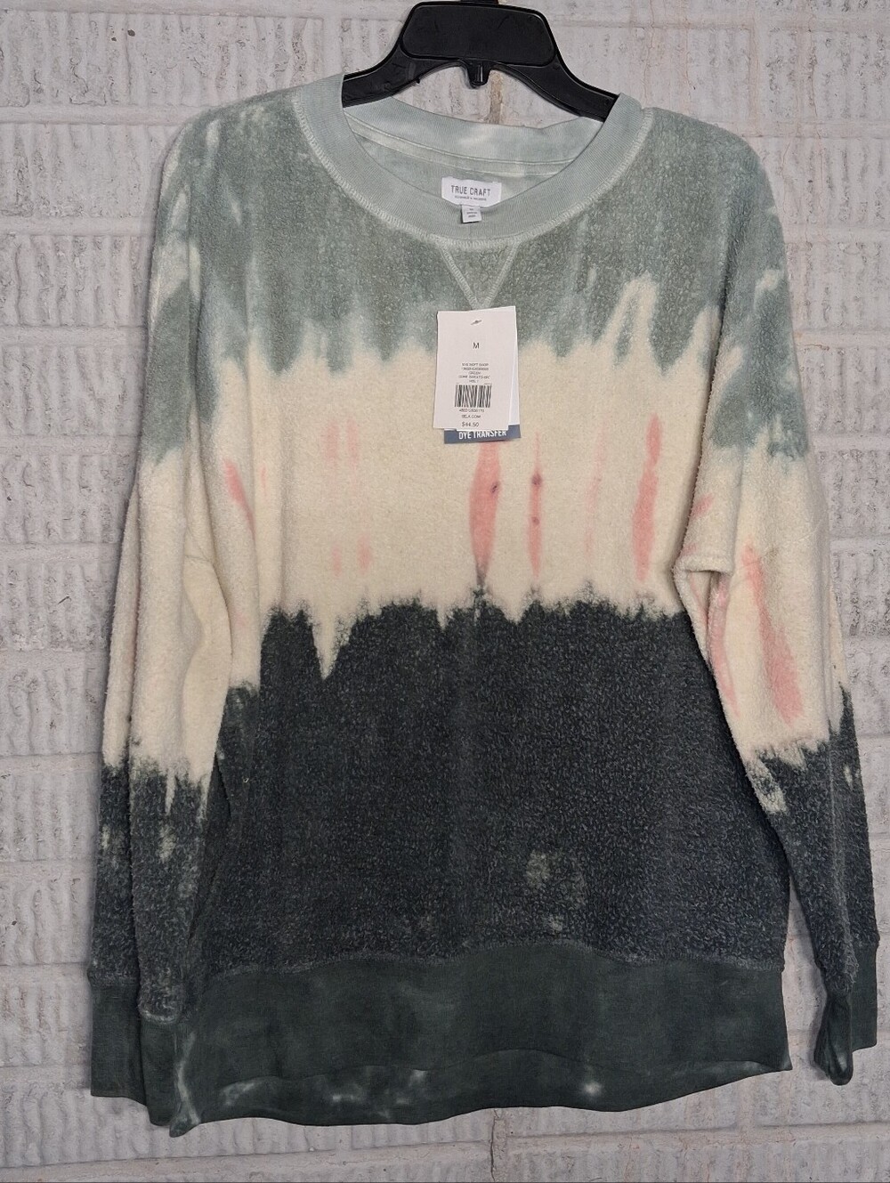 NWT True Craft Green, Cream & Pink Tie-Dye Crewneck Sweater Medium Oversized